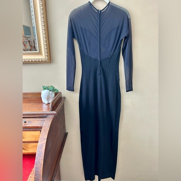 VTG 90s Tadashi Black Mesh Cutout Side Slit Long Sleeve Gown Maxi Dress Size XS - Picture 4 of 10